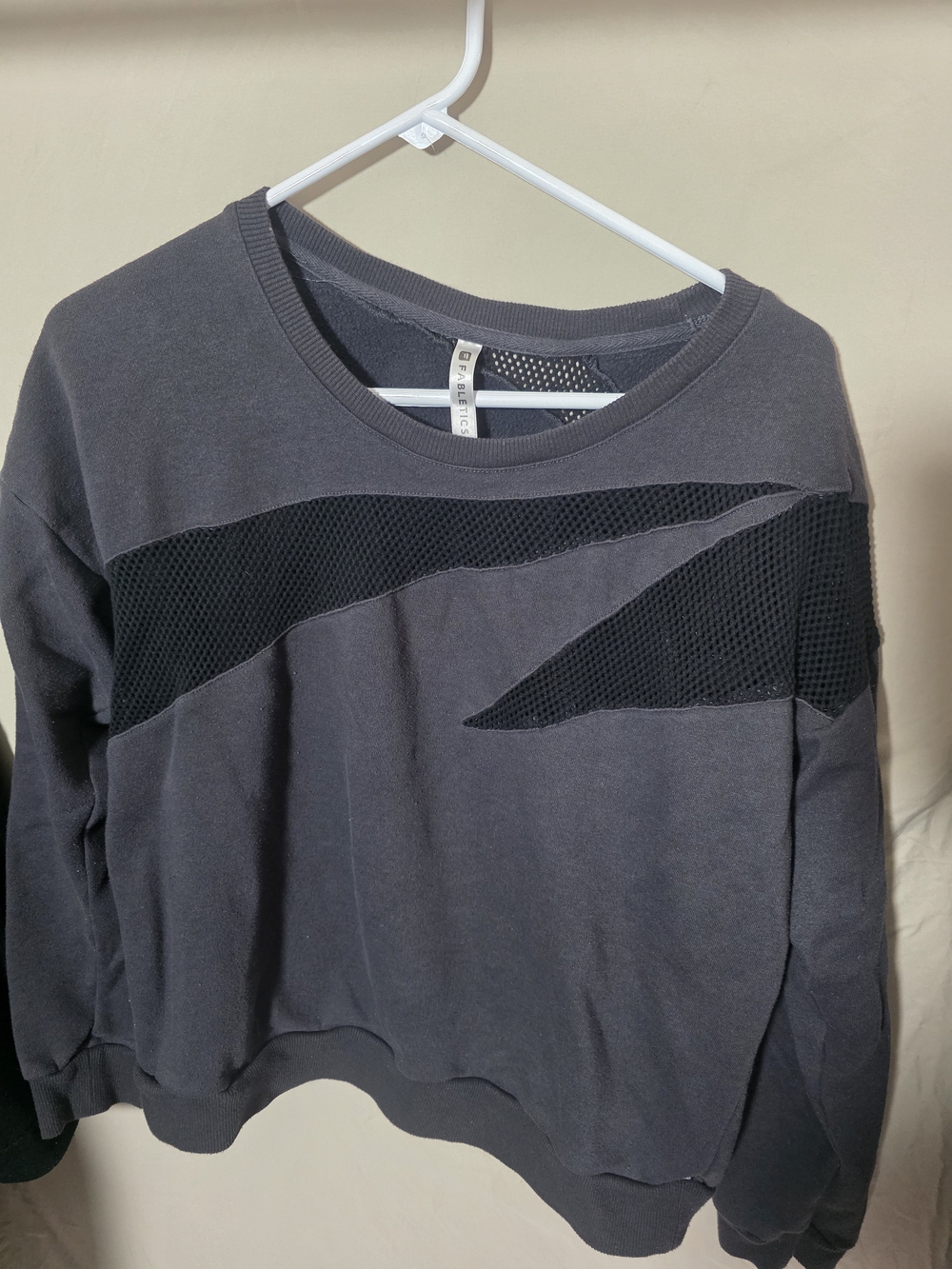 Fabletics Charcoal Crewneck Sweater with Black Mesh Panels